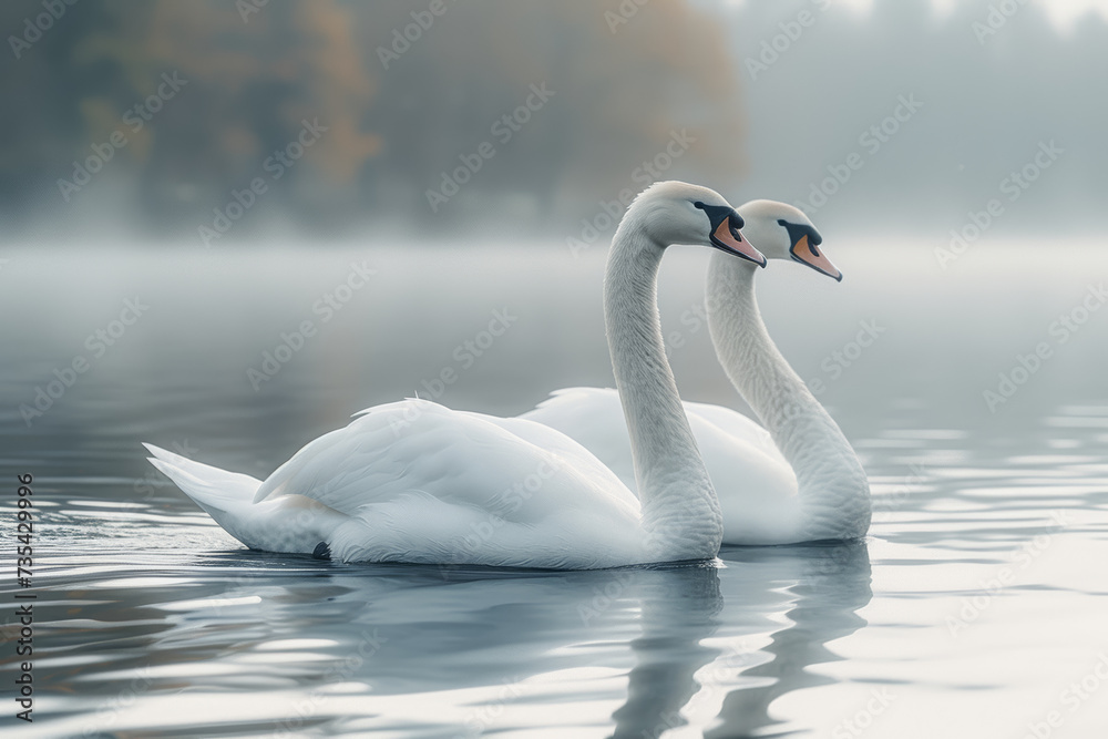 Fototapeta premium A pair of swans gliding across a serene lake, symbolizing love and fidelity in the natural world. Concept of graceful companionship. Generative Ai.