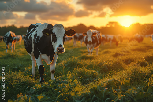 A group of cows peacefully grazing in a sunlit meadow, representing the tranquility and simplicity of rural life. Concept of pastoral serenity. Generative Ai. © Sebastian