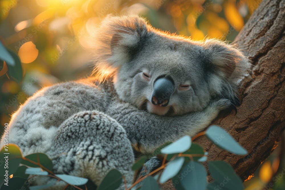 Fototapeta premium A koala nestled in the crook of a eucalyptus tree, embodying the laid-back lifestyle of these iconic Australian marsupials. Concept of arboreal relaxation. Generative Ai.