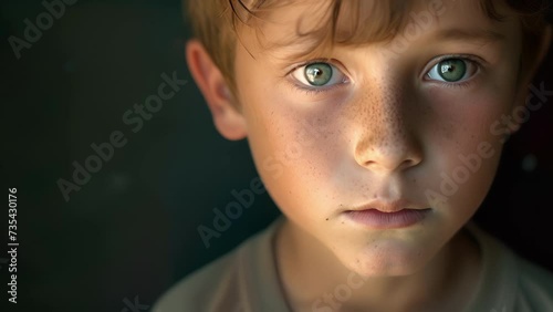 A young boy with a confused expression struggling to understand the complexities of religion and spirituality, Close Up of a Young Boy With Blue Eyes photo