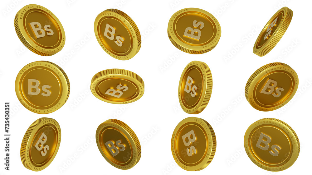 3D rendering of set of abstract golden Venezuelan bolívar coins concept in different angles. bolivar sign on golden coin isolated on transparent background 3D rendering of set of abstract golden Venezuelan bolívar coins concept in different angles. bolivar sign on golden coin isolated on transparent background