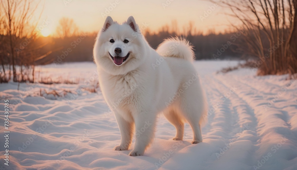 samoyed dog, dog at dawn, purebred dog in nature, happy dog, beautiful dog