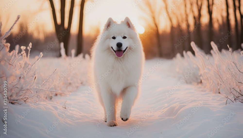 samoyed dog, dog at dawn, purebred dog in nature, happy dog, beautiful dog samoyed dog, dog at dawn, purebred dog in nature, happy dog, beautiful dog