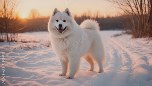 samoyed dog, dog at dawn, purebred dog in nature, happy dog, beautiful dog