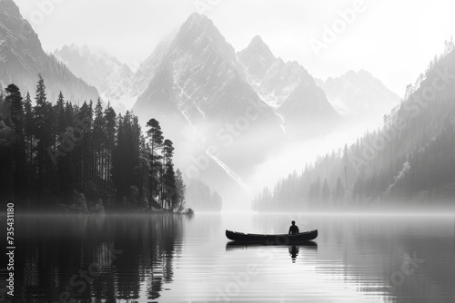 Lonely Man in Boat on Lake Against Mountains  Black and White Illustration