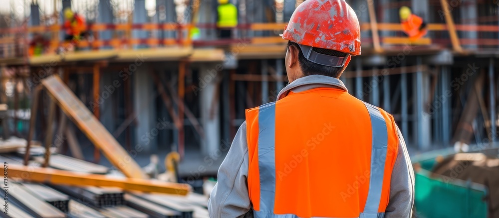 Obraz premium Confident construction worker wearing hard hat and vest at work site