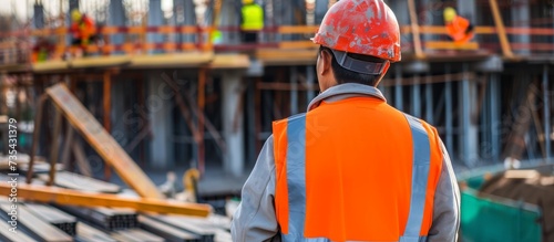 Confident construction worker wearing hard hat and vest at work site