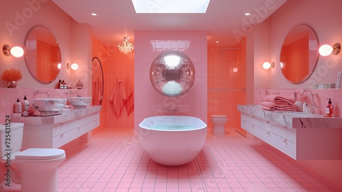 Retro Minimalist Pink Bathroom with Disco Ball