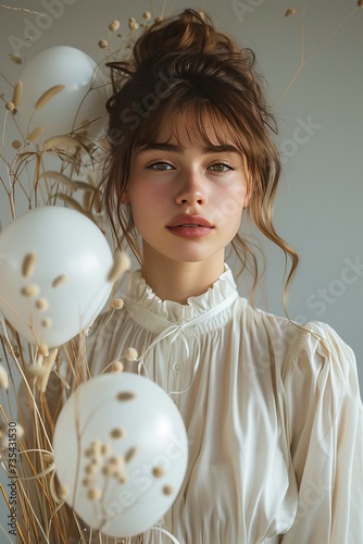 Gorgeous Brunette Bride Posing with White Balloon Accents