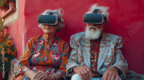 Portrait of a funny elderly married couple both wearing VR headsets on their heads, with colorful and cheerful shirts, in front of a warm pink background.