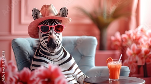 A zebra wearing a hat and sunglasses sits leisurely while sipping a cocktail