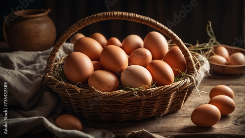 Fresh eggs in a basket in the kitchen