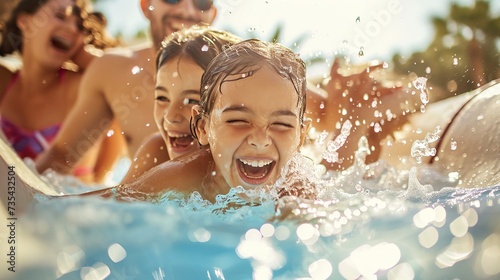 Children splash with pleasure and laughter in the pool in sunny summer weather