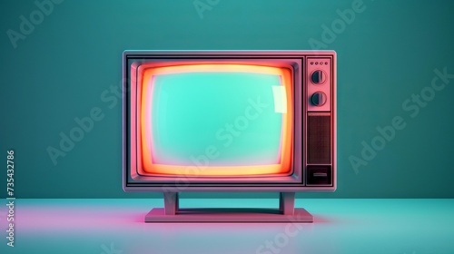 Vintage television with vibrant screen glow. Green background. Concept of retro tech, media nostalgia, classic design, and entertainment history. photo