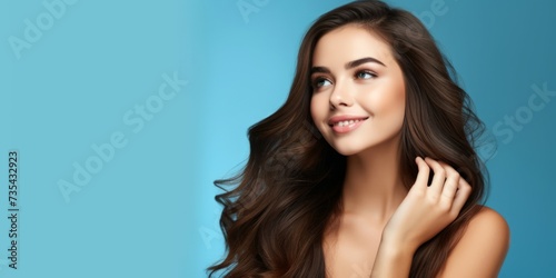 Radiant young brunette woman smiling, touching hair, on blue background. Concept of skincare beauty, beauty, joyful demeanor, and positive attitude. Wide banner with copy space