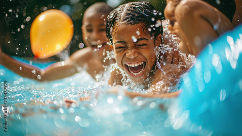 Children are laughing while playing in swimming pool with other children