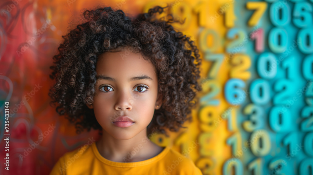 Beautiful mixed race child standing against a wall adorned with a colorful numbers. Dyscalculia awareness day 2024. Beautiful mixed race child standing against a wall adorned with a colorful numbers. Dyscalculia awareness day 2024.