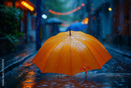 A colorful umbrella-filled street during a light spring rain, capturing the resilience and positivity of urban life in changing weather. Concept of adaptability. Generative Ai.