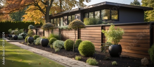 Contemporary wooden fencing contrasts with a traditional