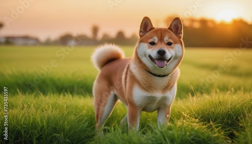 Shiba inu dog, dog at dawn, purebred dog in nature, happy dog, beautiful dog