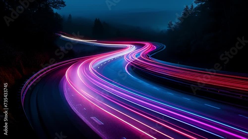 Swirling and merging the tail lights of multiple cars form a beautiful symphony of colorful light trails on the dark road. photo