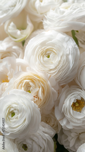 Close up white ranunculus asiaticus flowers background