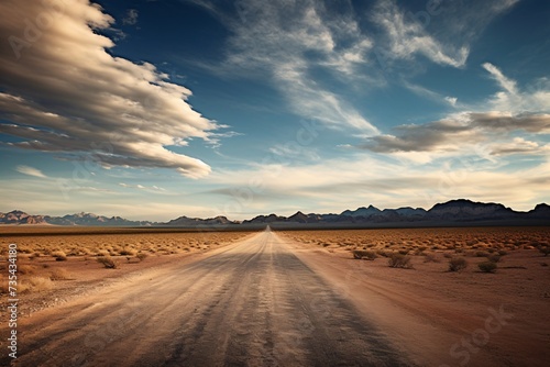 a long dirt road with mountains in the background