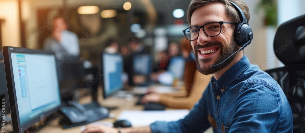 Happy young man with headphones and smiling while working on desktop computer in modern office Happy young man with headphones and smiling while working on desktop computer in modern office