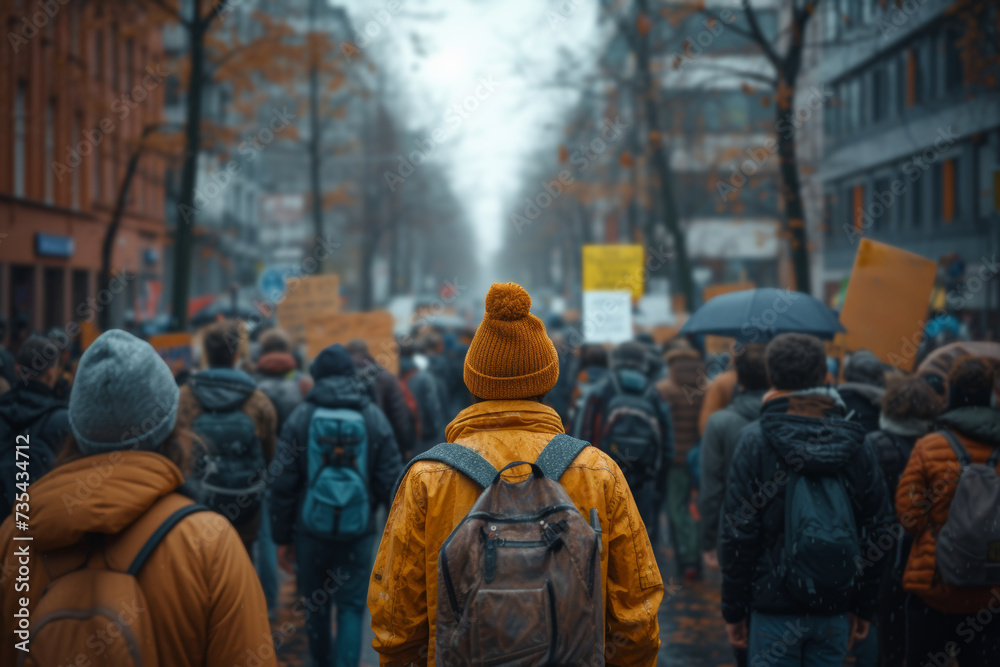 A photograph capturing the intensity of a climate change rally, with protesters holding signs and banners advocating for environmental action. Concept of collective climate activism. Generative Ai.