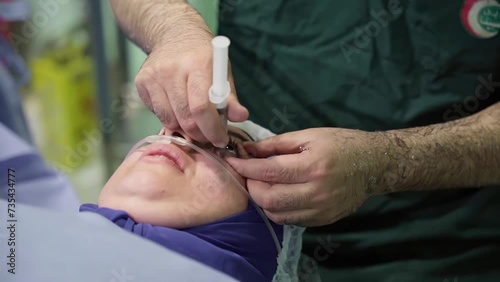 Phacoemulsification, destruction of the opaque lens by ultrasound, ophthalmic eye surgery. eye lens replacement, intraocular lens installation, surgical cataract treatment. 