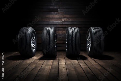 a row of tires on a wooden floor