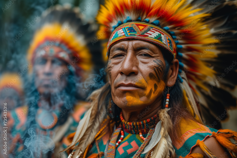 A powerful visual of indigenous rights activists participating in a traditional ceremony during a protest, emphasizing cultural preservation as activism. Concept of cultural activism. Generative Ai.
