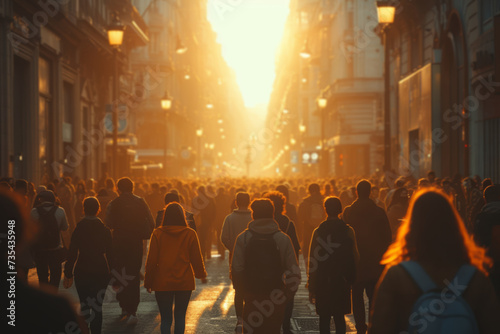 Silhouettes of people in a crowded urban setting, their features obscured by the play of light and shadow. Concept of anonymity in the cityscape. Generative Ai.