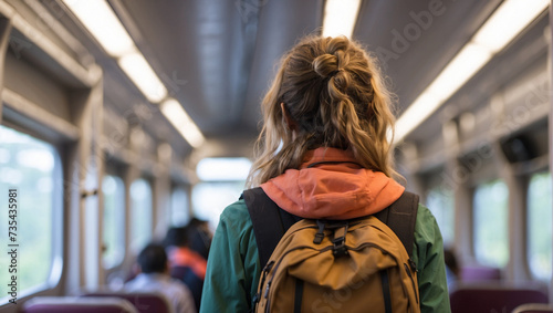 back view of a female backpacker was in the train carriage