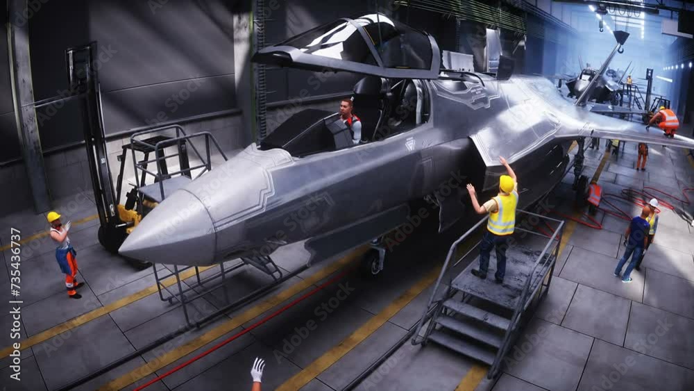Production of military fighter jet f 35 at the factory. Military factory weapon. Realistic 4k animation. Production of military fighter jet f 35 at the factory. Military factory weapon. Realistic 4k animation.