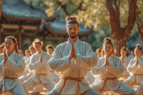 A shot of individuals practicing tai chi in a park, their faces hidden by the meditative focus on their movements. Concept of collective wellness in nature. Generative Ai.