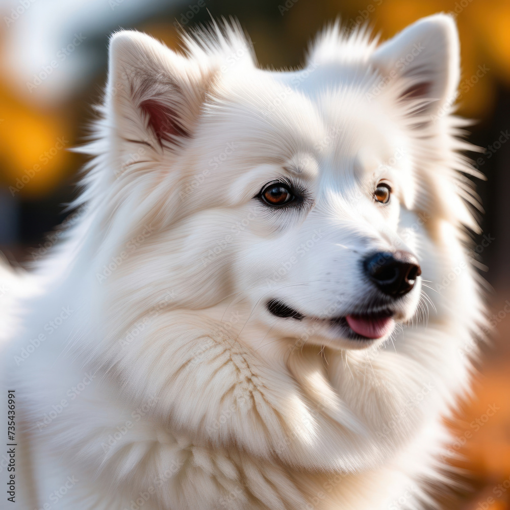 Portrait of cute fluffy white american eskimo dog in the field. Happy smiling purebred american eskimo dog shot outdoors on nature background Portrait of cute fluffy white american eskimo dog in the field. Happy smiling purebred american eskimo dog shot outdoors on nature background