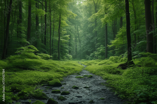 A tranquil forest scene in varying tones of green, capturing the peaceful ambiance and lushness of woodland landscapes. Concept of monochrome in nature. Generative Ai.