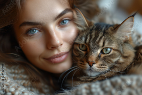 A serene interplay between woman and cat