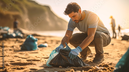man wearing gloves picking up trash from the beach photo