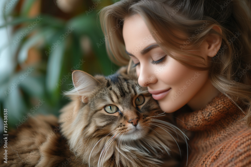 Woman lovingly cradles a contented feline in her arms, showcasing the bond between human and animal companionship