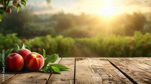 Ripe peach harvest And Empty wooden table with rural background. Selective focus on tabletop
