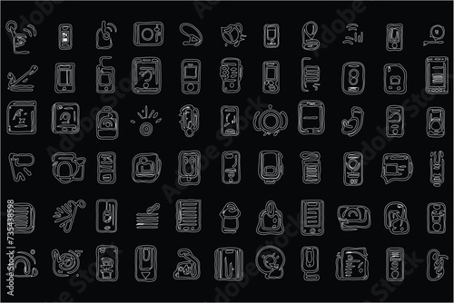Set of outline icons related to smartphone, phone. Linear icon collection. phone icons black background.