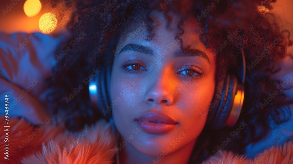 Relaxed Woman with Headphones in Neon Glow