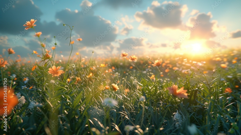 Sunlit Flower Meadow at Sunset