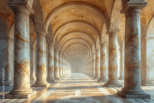 A series of architectural arches and columns forming a balanced composition in a historical building, showcasing the enduring appeal of classical geometric design. Generative Ai.