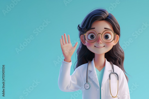 3D style cute cartoon character of a welcoming female doctor waving