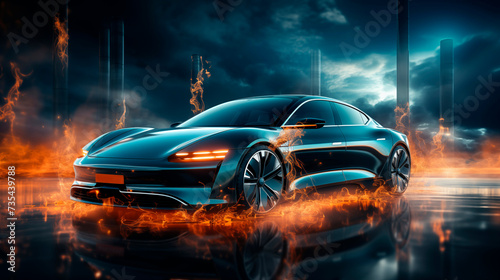 Future car in flame going on the road