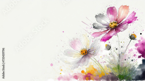Mothers Day card with copy space. Floral background with with Cosmos flowers illustration.