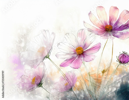 Delicate Cosmos flowers background, artistic illustration, watercolor painting